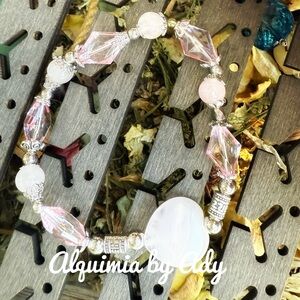 Pink quartz chunky heart silver statement bracelet